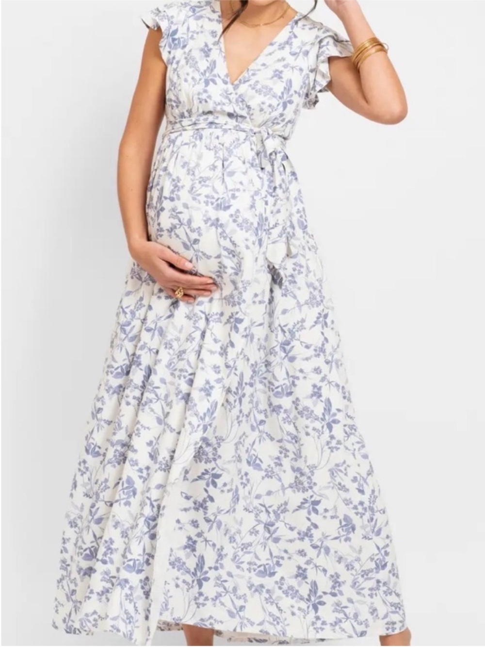 Seraphine Flutter Sleeve Wrap Maternity Dress White Blue Floral 2 Petite NWT
